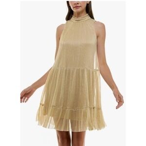 Maison Tara Gold Metallic Pleated Babydoll Mini Dress Size 4 Sleeveless